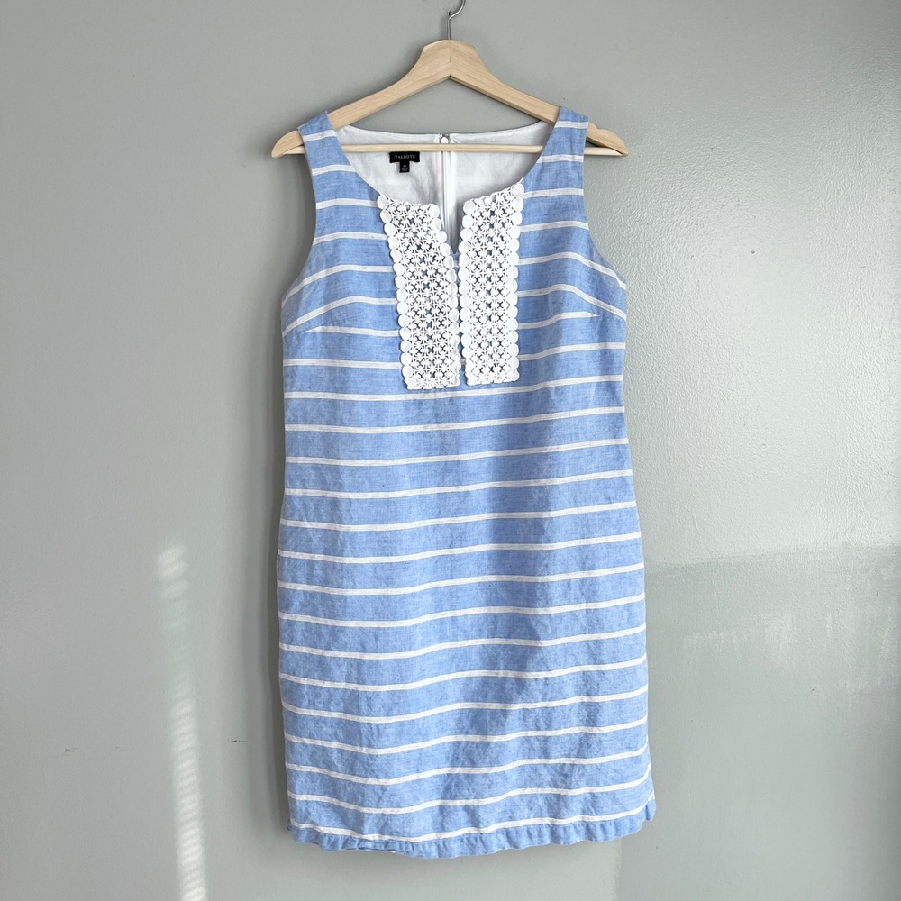 Talbots Shift Dress Womens 10 Blue Striped Linen Blend Eyelet Coastal Preppy